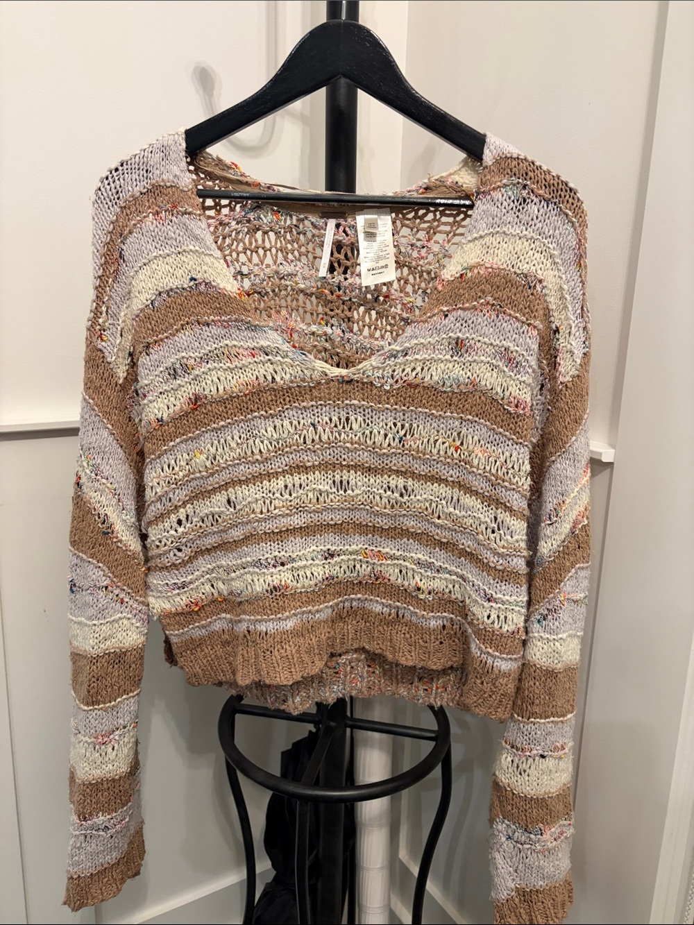 Free people Striped Knit V-Neck Sweater in Tan and Cream